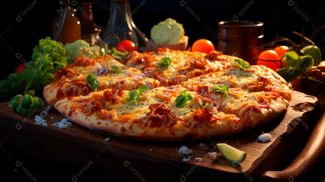 Pizza assada saborosa sobre uma mesa de madeira.