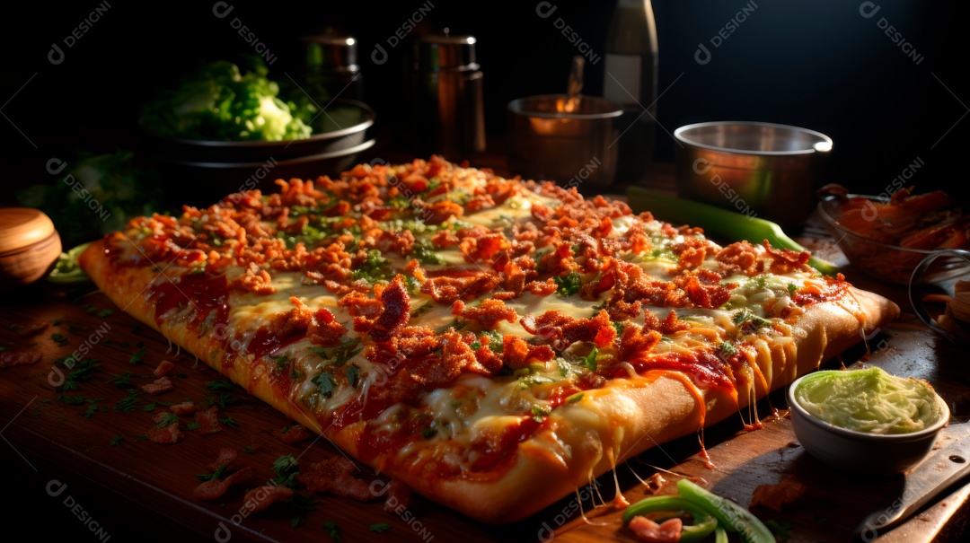 Pizza assada saborosa sobre uma mesa de madeira.