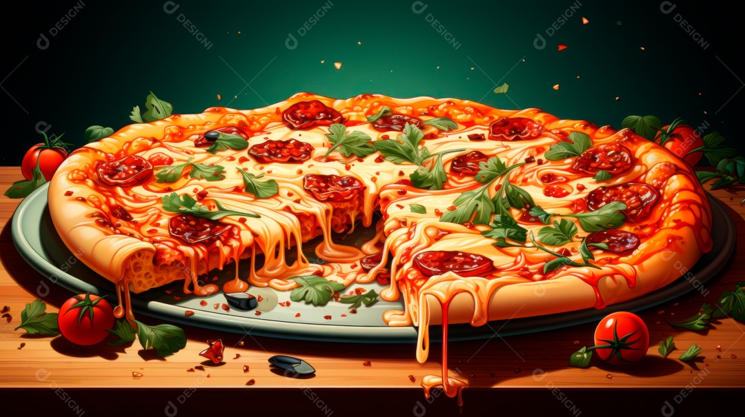 Pizza assada saborosa sobre uma mesa de madeira.