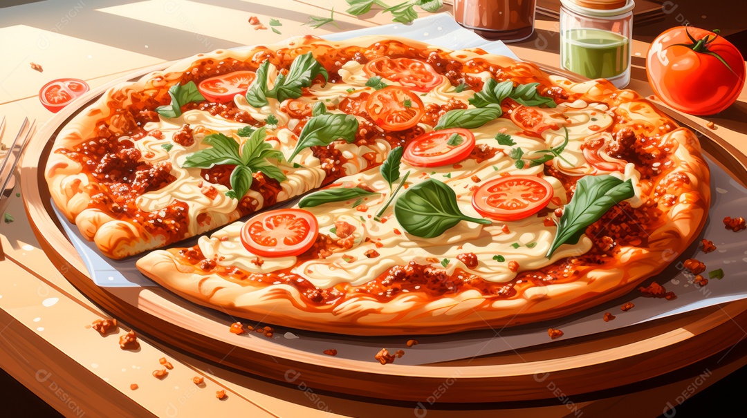 Pizza assada saborosa sobre uma mesa de madeira.