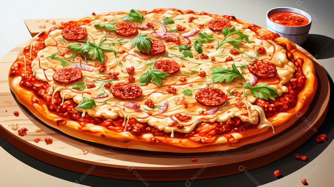 Pizza assada saborosa sobre uma mesa de madeira.