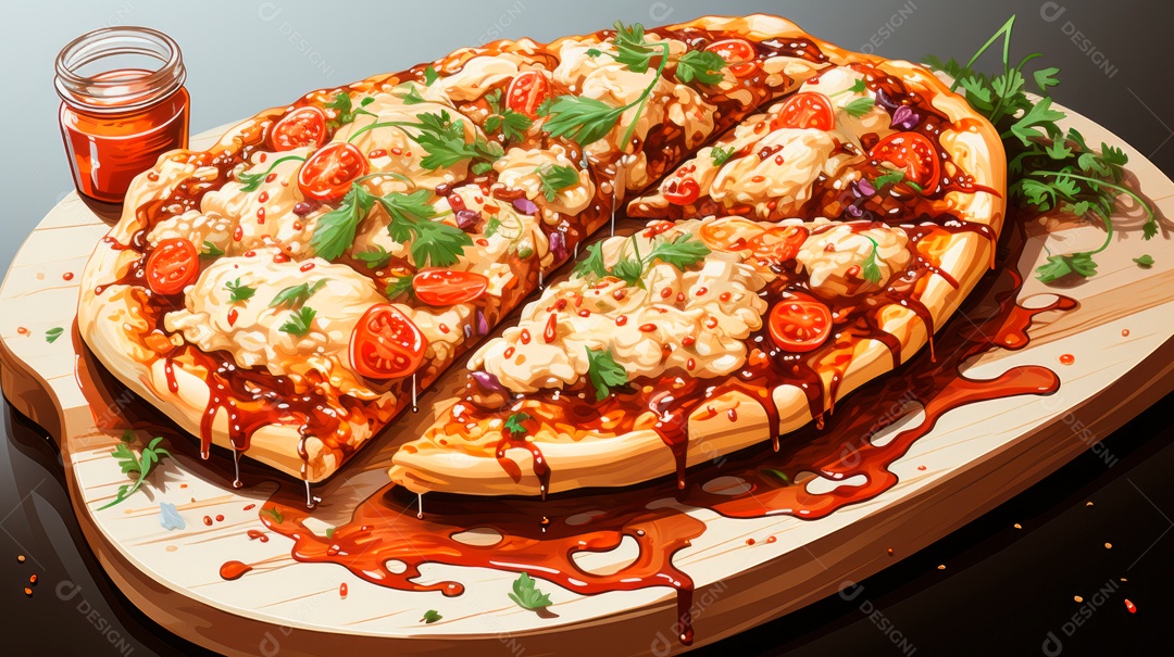 Pizza assada saborosa sobre uma mesa de madeira.