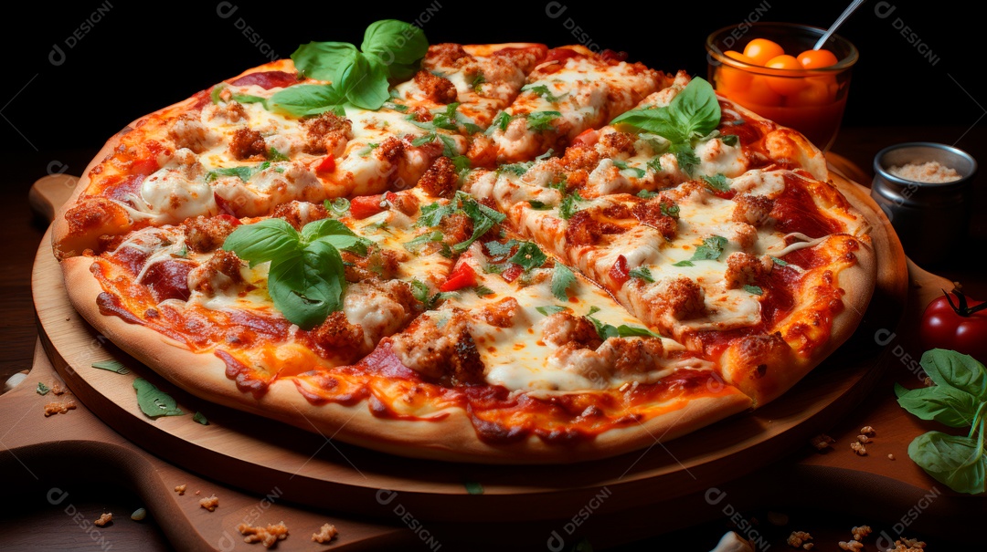 Pizza assada saborosa sobre uma mesa de madeira.