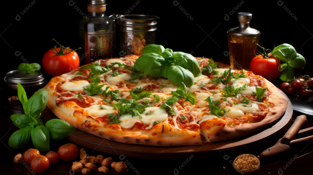 Pizza assada saborosa sobre uma mesa de madeira.