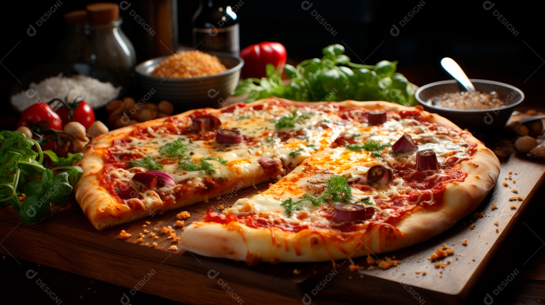 Pizza assada saborosa sobre uma mesa de madeira.