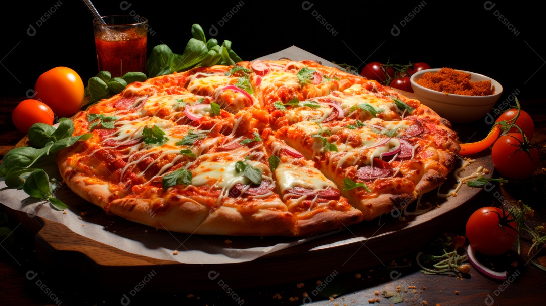 Pizza assada saborosa sobre uma mesa de madeira.