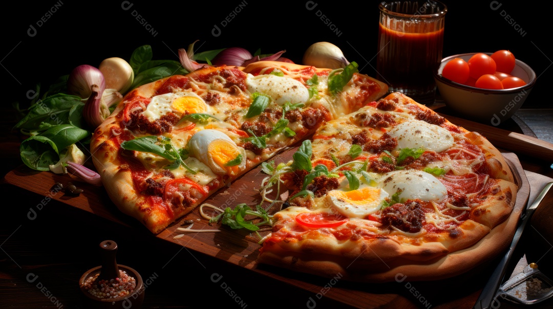 Pizza assada saborosa sobre uma mesa de madeira.