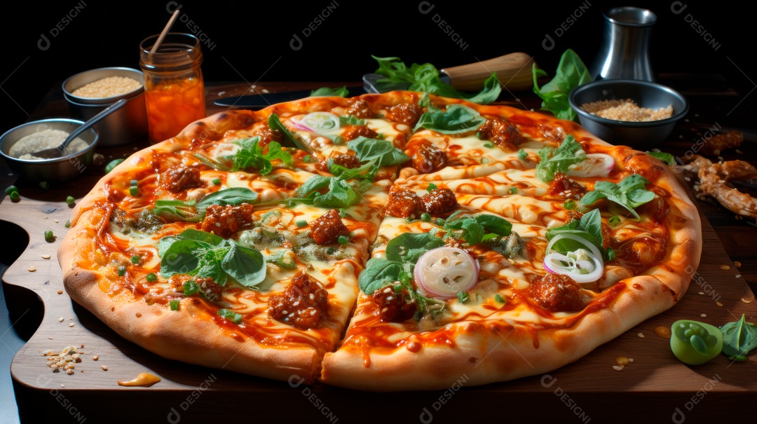 Pizza assada saborosa sobre uma mesa de madeira.