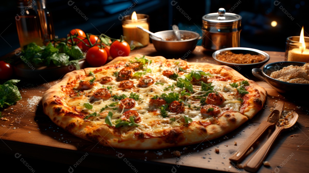 Pizza assada saborosa sobre uma mesa de madeira.