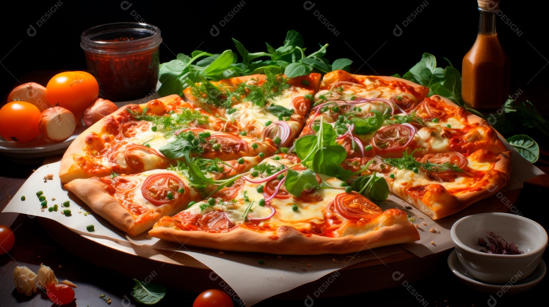 Pizza assada saborosa sobre uma mesa de madeira.