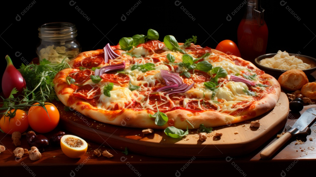 Pizza assada saborosa sobre uma mesa de madeira.