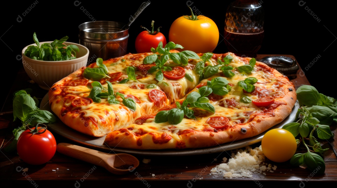 Pizza assada saborosa sobre uma mesa de madeira.