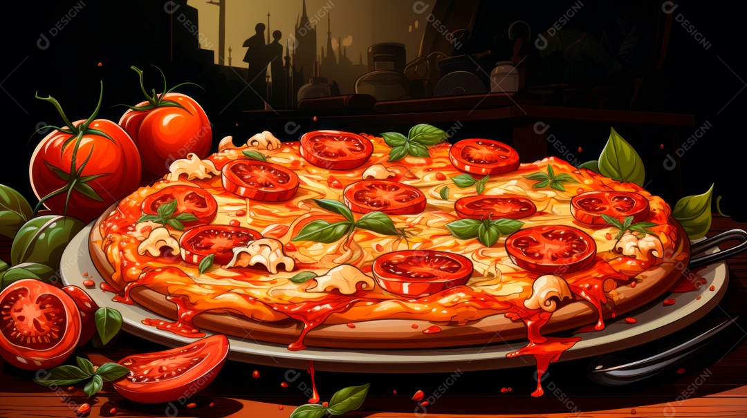 Pizza assada saborosa sobre uma mesa de madeira.