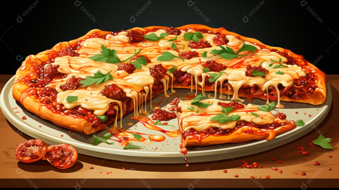 Pizza assada saborosa sobre uma mesa de madeira.