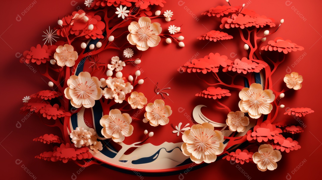 Ano Novo Chinês, 10 de fevereiro, estilo de corte de papel, vetor AI generativo.