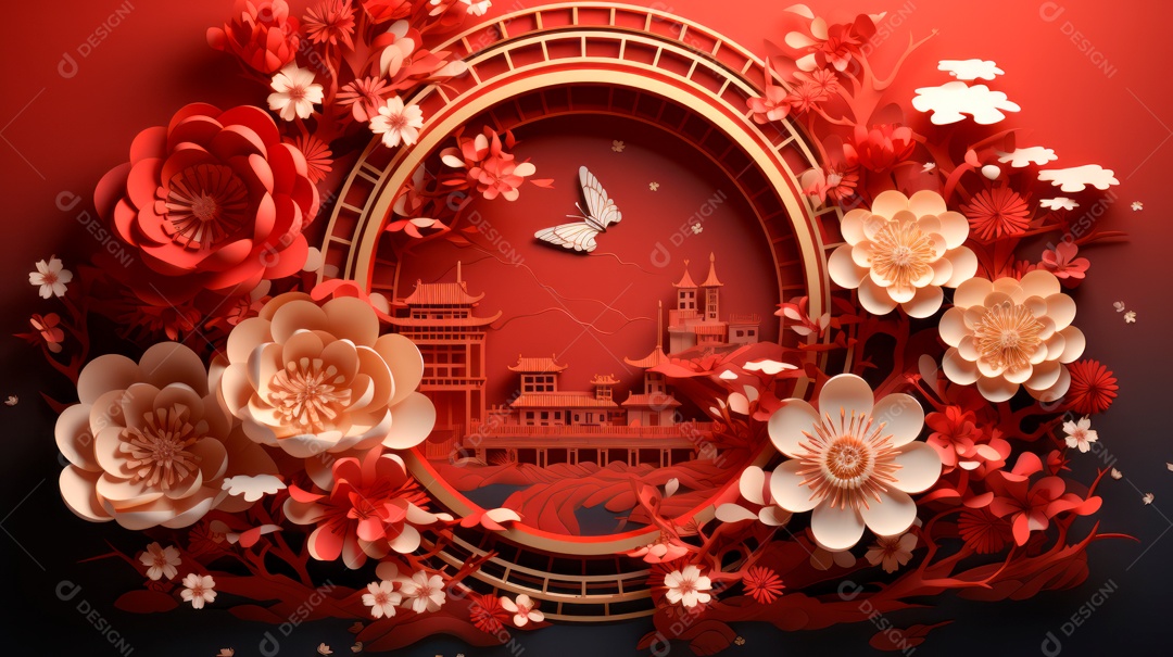 Ano Novo Chinês, 10 de fevereiro, estilo de corte de papel, vetor AI generativo.