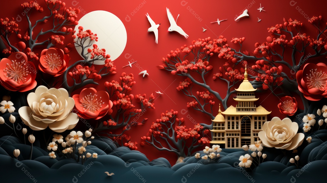 Ano Novo Chinês, 10 de fevereiro, estilo de corte de papel, vetor AI generativo.