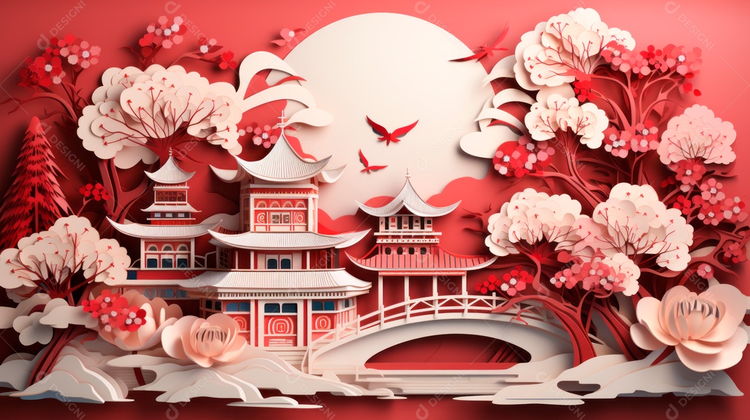 Ano Novo Chinês, 10 de fevereiro, estilo de corte de papel, vetor.