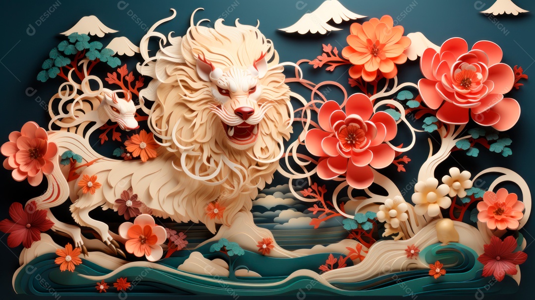 Ano Novo Chinês, 10 de fevereiro, estilo de corte de papel, vetor.