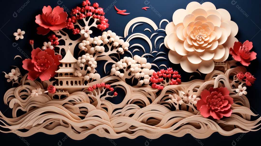 Ano Novo Chinês, 10 de fevereiro, estilo de corte de papel, vetor.