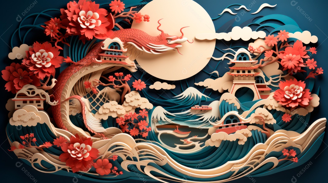 Ano Novo Chinês, 10 de fevereiro, estilo de corte de papel, vetor.