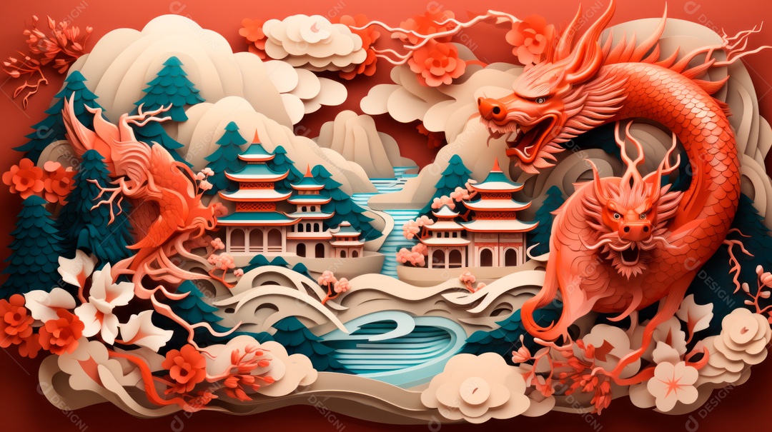 Ano Novo Chinês, 10 de fevereiro, estilo de corte de papel.