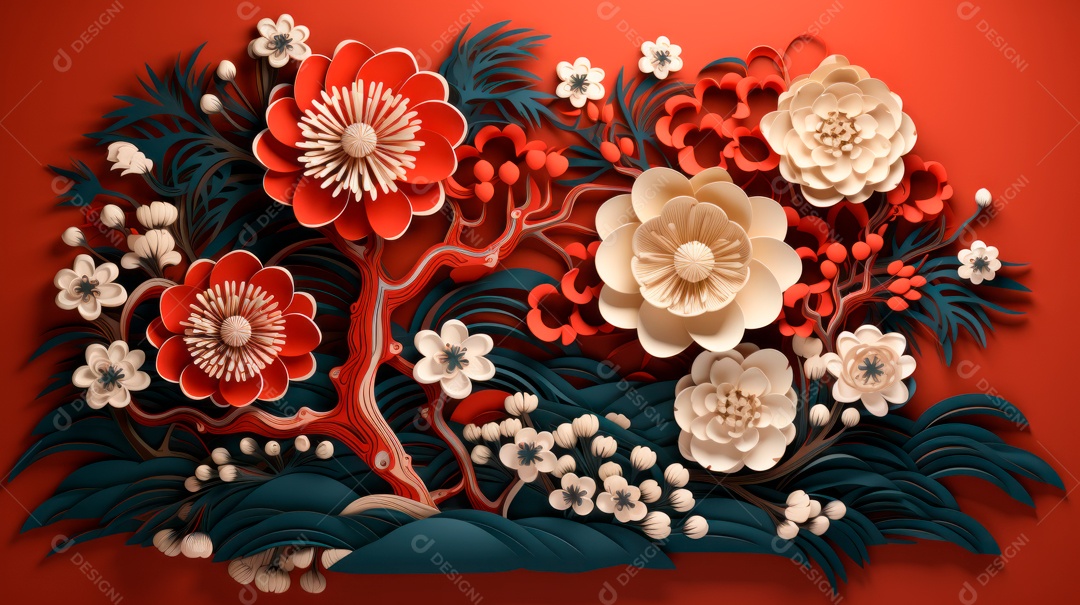 Ano Novo Chinês, 10 de fevereiro, estilo de corte de papel.