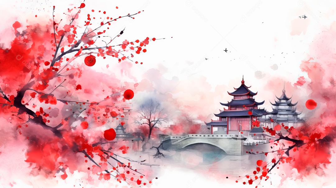 Cena de fundo branco aquarela do Ano Novo Chinês.