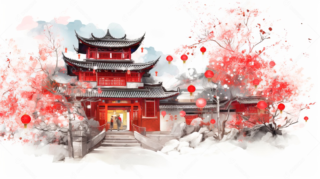 Cena de fundo branco aquarela do Ano Novo Chinês.