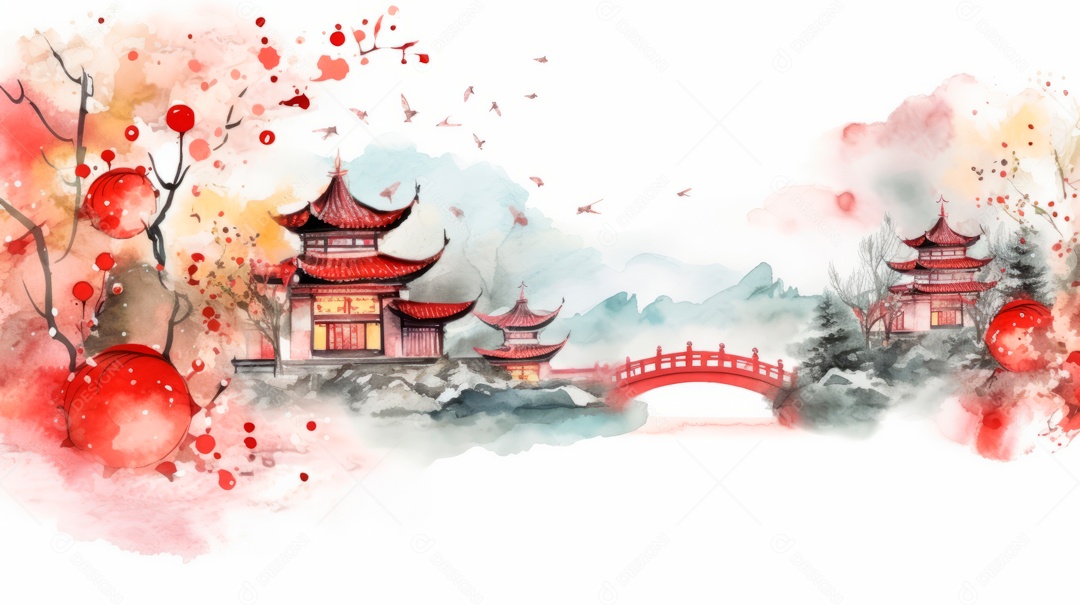 Cena de fundo branco aquarela do Ano Novo Chinês.