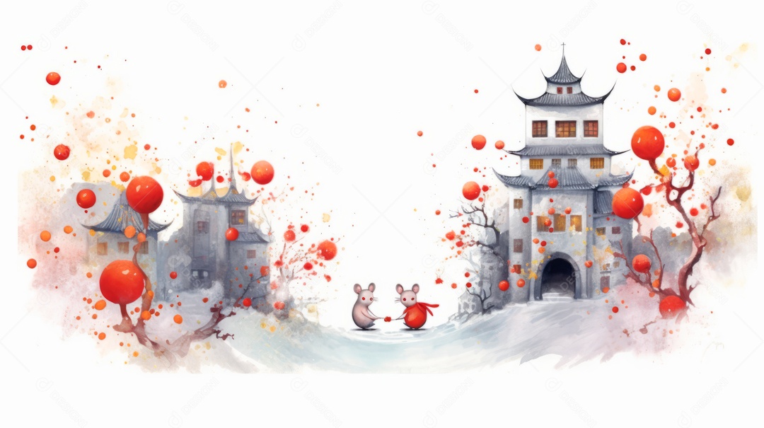 Cena de fundo branco aquarela do Ano Novo Chinês.