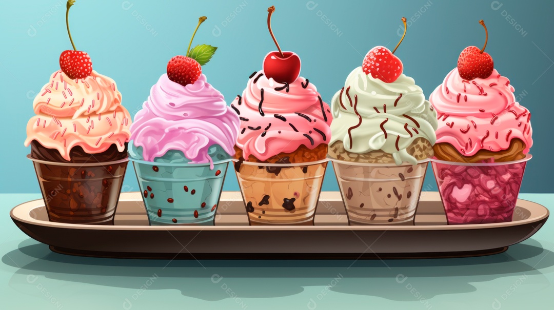 Deliciosos sorvetes sobre copos sobre uma mesa de madeira.