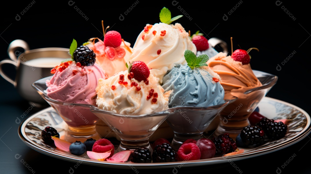 Deliciosos sorvetes sobre copos sobre uma mesa de madeira.