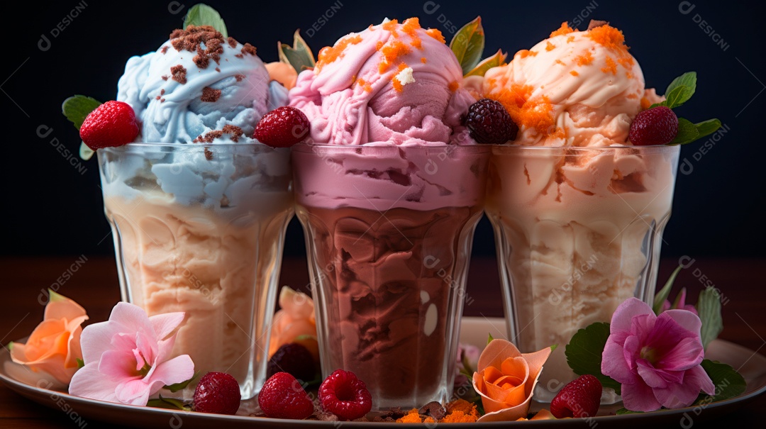 Deliciosos sorvetes sobre copos sobre uma mesa de madeira.