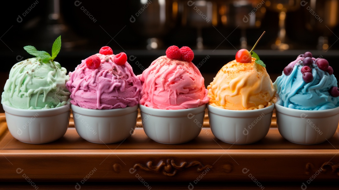 Deliciosos sorvetes sobre copos sobre uma mesa de madeira.