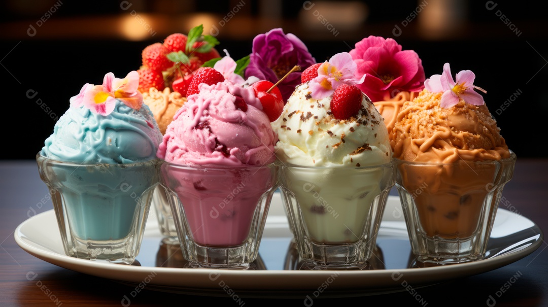 Deliciosos sorvetes sobre copos sobre uma mesa de madeira.