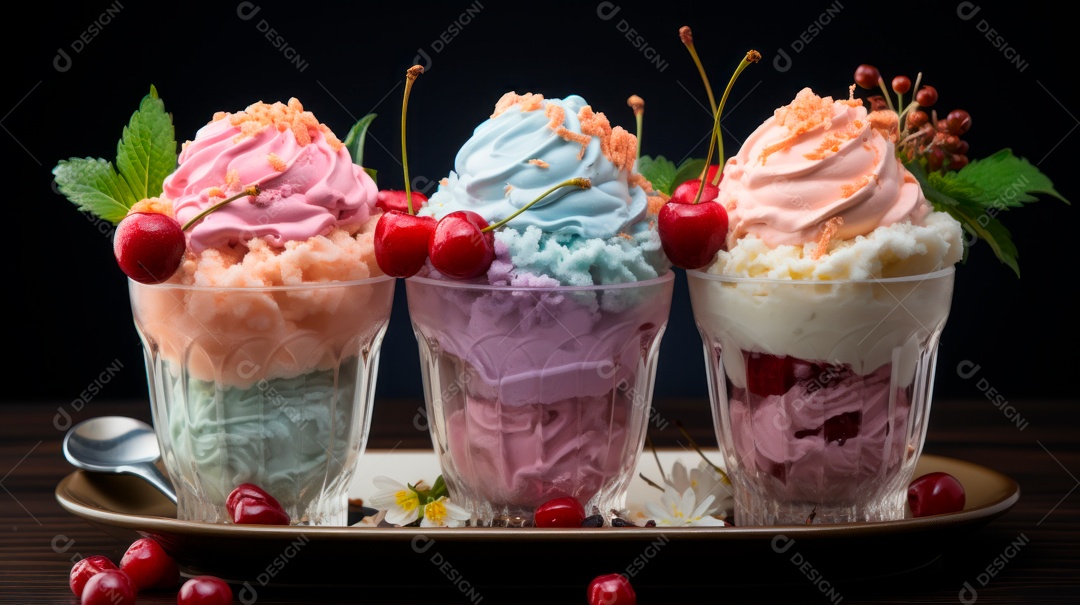 Deliciosos sorvetes sobre copos sobre uma mesa de madeira.