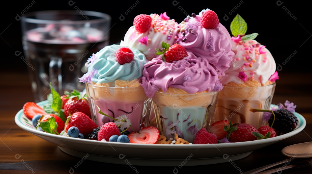 Deliciosos sorvetes sobre copos sobre uma mesa de madeira.