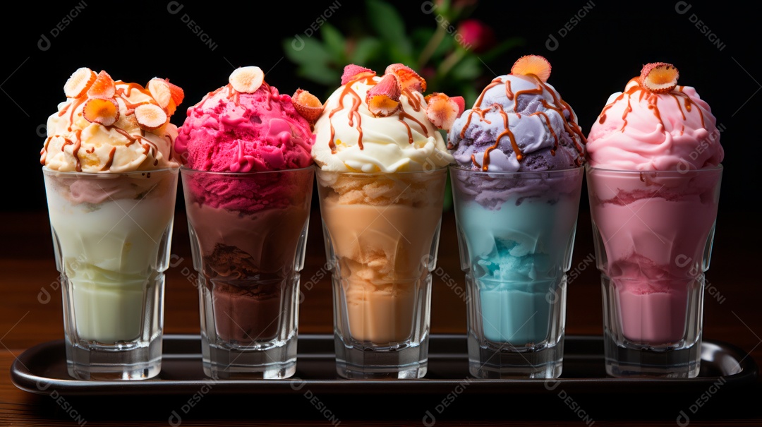 Deliciosos sorvetes sobre copos sobre uma mesa de madeira.