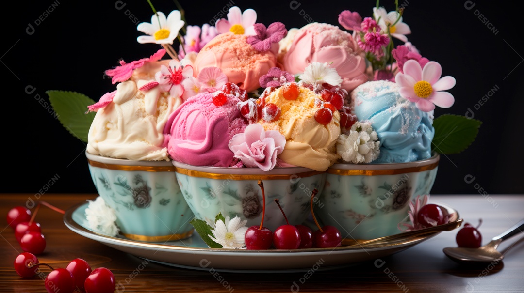 Deliciosos sorvetes sobre copos sobre uma mesa de madeira.