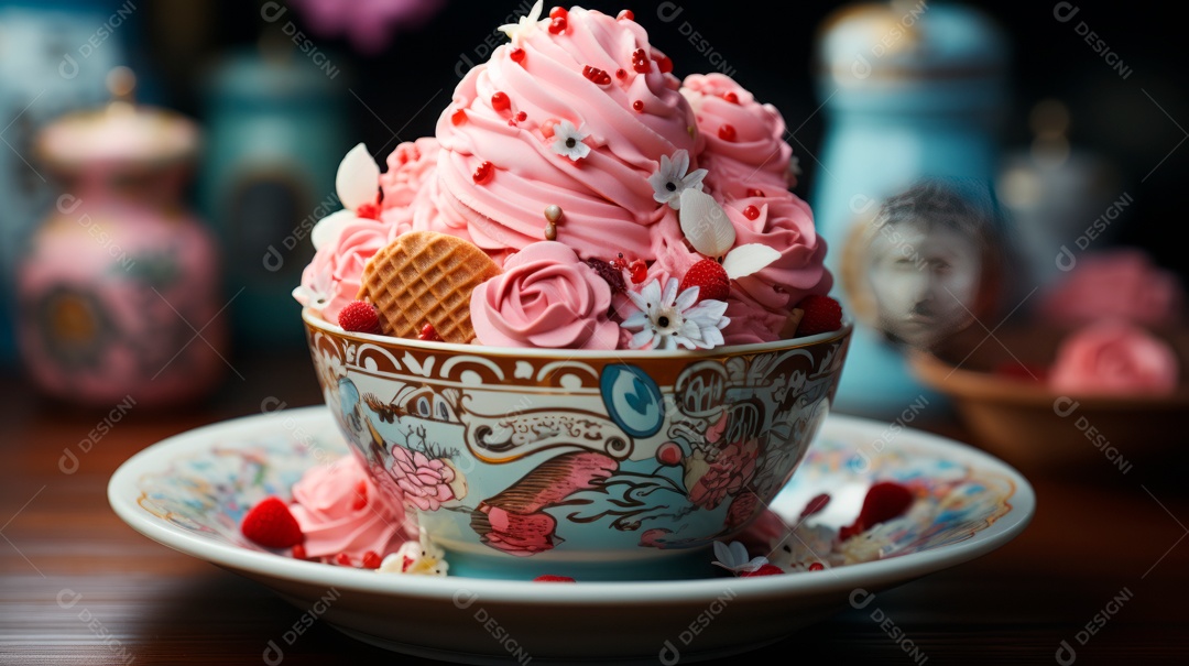 Deliciosos sorvetes sobre copos sobre uma mesa de madeira.