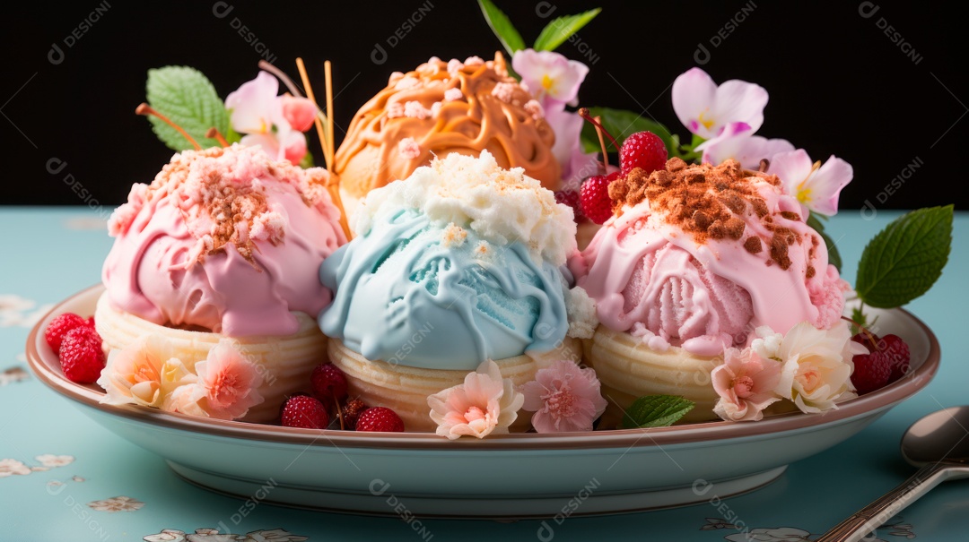 Deliciosos sorvetes sobre uma mesa de madeira.