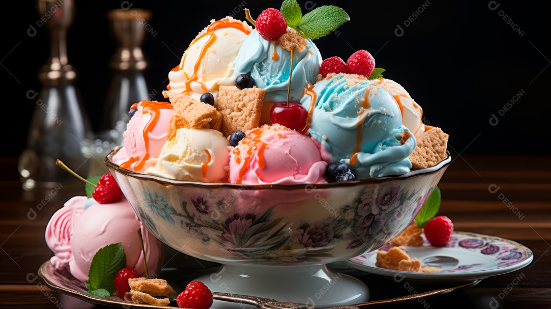 Deliciosos sorvetes sobre copos sobre uma mesa de madeira.