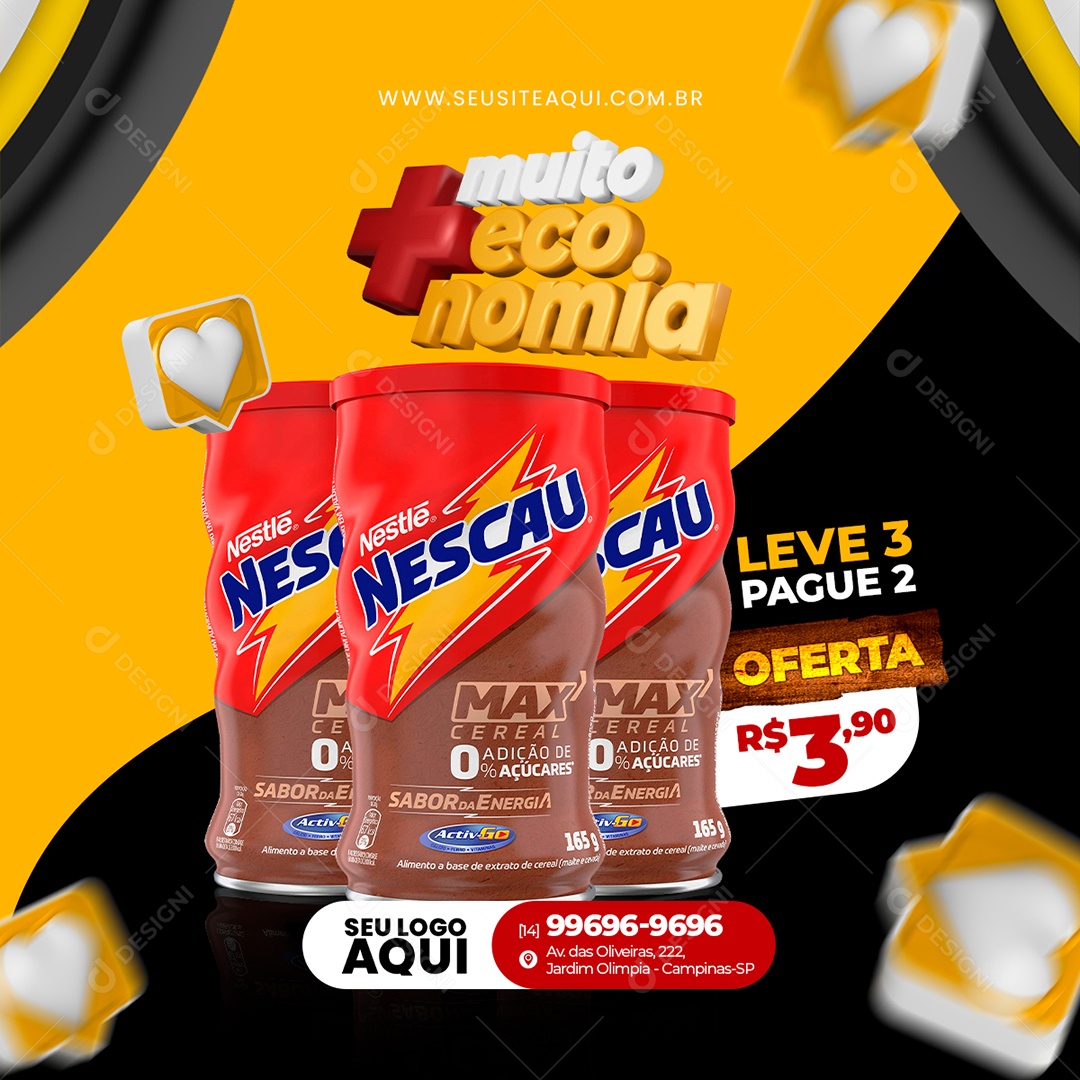 Supermercado Muito Mais Economia Leve 3 Pague 2 Oferta Nescau Social Media PSD Editável