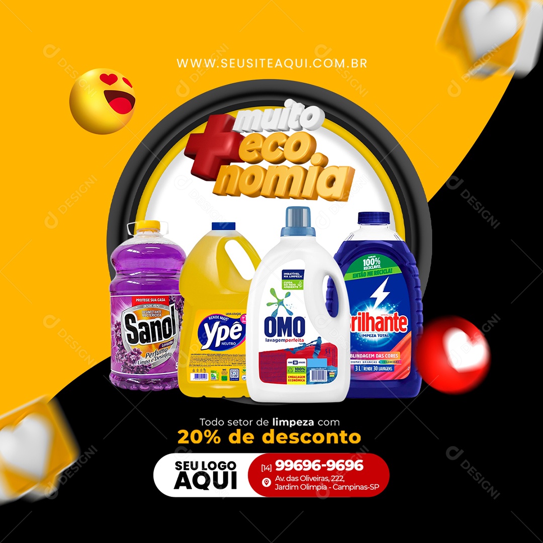 Supermercado Muito Mais Economia Produtos de Limpeza Todo Setor de Limpeza com 20% de Desconto Social Media PSD Editável