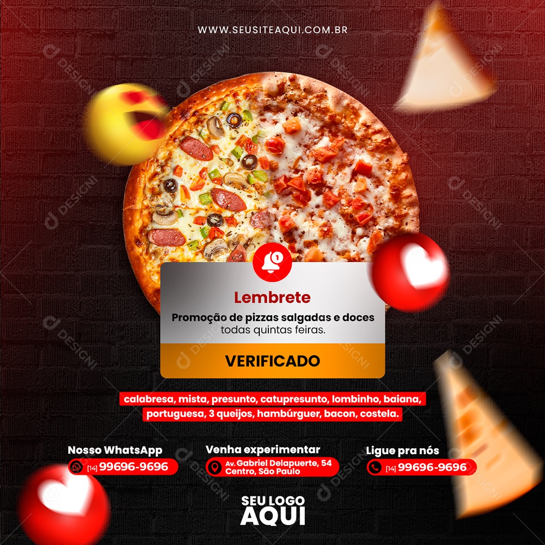 Pizzaria Lembrete Promoção de Pizzas Salgadas e Doces Social Media PSD Editável