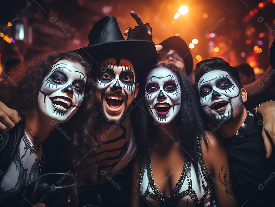 Grupo de jovens fantasiados na festa de Halloween, bebendo coquetéis e se divertindo em boate