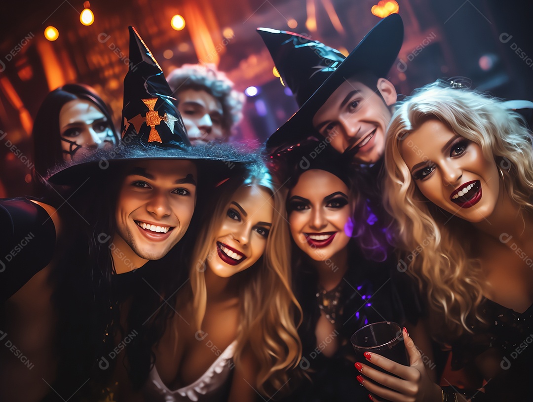 Grupo de jovens fantasiados na festa de Halloween, bebendo coquetéis e se divertindo em boate