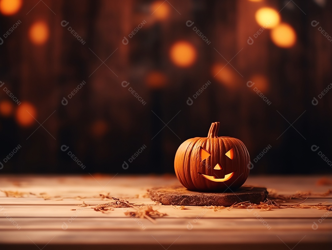 Decoração de Halloween em cima da mesa de madeira com fundo de cena de luz noturna desfocada