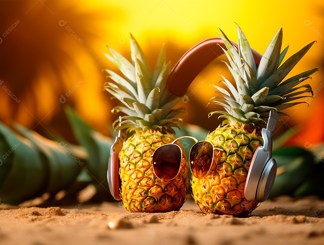 Abacaxi engraçado com óculos em fundo colorido